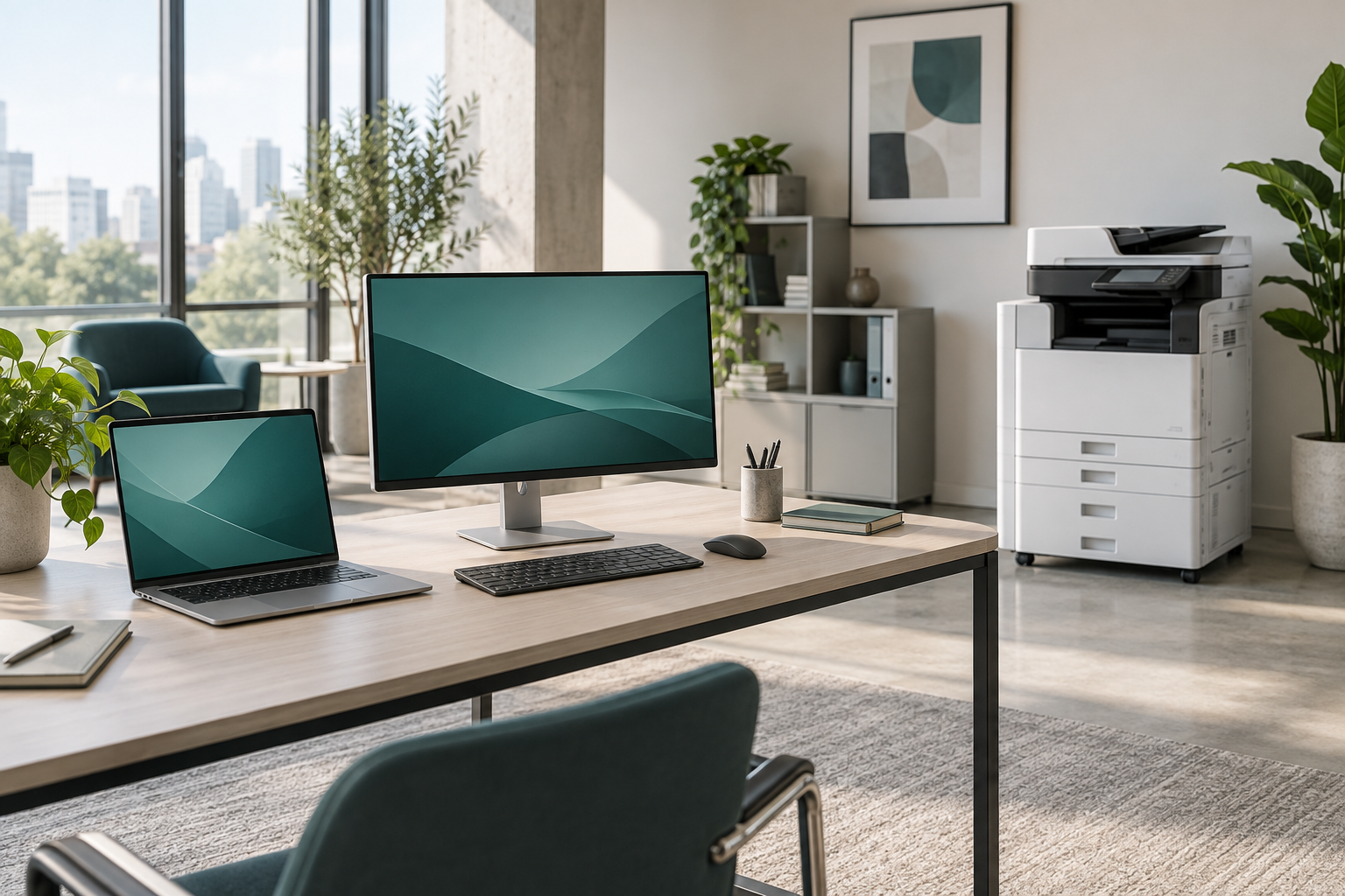 Illustrative Büroszene mit Notebook, Computer und Multifunktionsdrucker